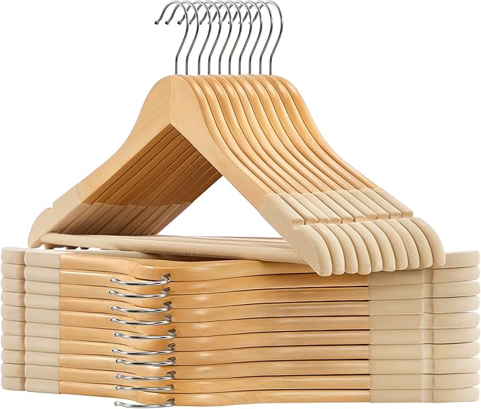 SONGMICS Velvet Wooden Hangers, Set of 20 Wooden Hangers with Velvet Surface, Non-Slip Coat Hangers with Shoulder Grooves, Pants Bar, 360° Swivel Hook, for Jackets Shirts, Natural UCRW012N02