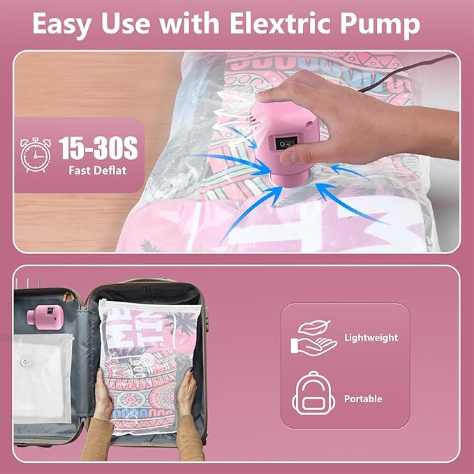 Vacuum Seal Bags for Clothing Travel, 5 Pack Space Saver Vacuum Storage Bags with Electric Pump,Portable Compression Sealer for Clothes, Blankets, Bedding & Travel Essentials,Good for Luggage Packing