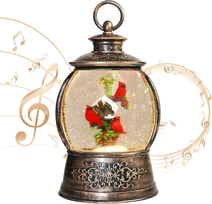 Christmas Cardinal Snow Globe 12.5In High, Musical Snow Globe Lantern Lights with 6 Hour Timer, Retro Style Holiday Glitter Globe for Xmas Home Decoration and Santa Gifts-Red Cardinal