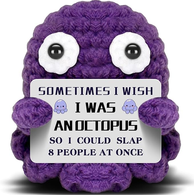 Mini Octopus Emotional Support Crochet with Funny Card, Birthday Gifts for Friends Besties Colleague Purple Octopus Home Office Desk Decor