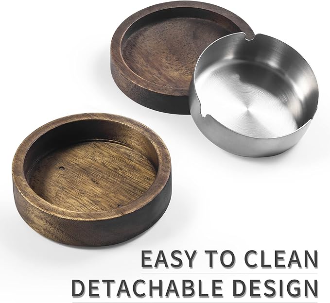 Wooden Ashtray with Lid for Smokers Stainless Steel Liner Ash Tray Windproof Durable Easy to Clean Cool Ashtrays for Indoor or Outdoor Use, Patio, Office & Home