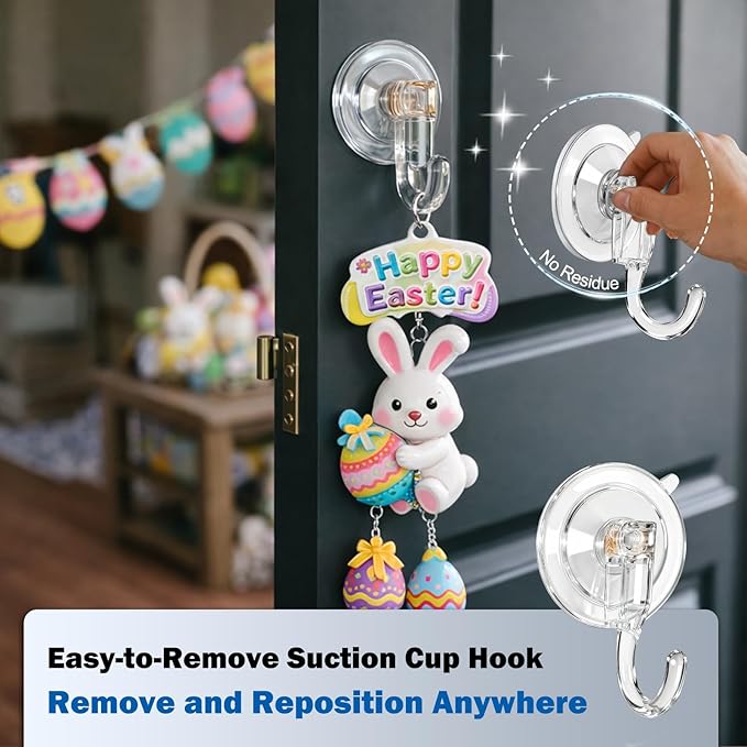 6 Pcs Suction Cup Wreath Hangers for Front Door, Removable Clear Wreath Hooks for Glass Door, Window, Tile Wall, Heavy Duty No-Damage Holiday Decor Hangers for Easter, Halloween, Christmas