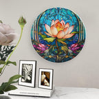 Water Lily Blue Stained Glass Print Decorative Plates Home Decor Ceramic Plates, Dinner Plates Display for Living Room, Kitchen, Hallway Console Side Table, Presents for Lotus Lover, 8 Inch