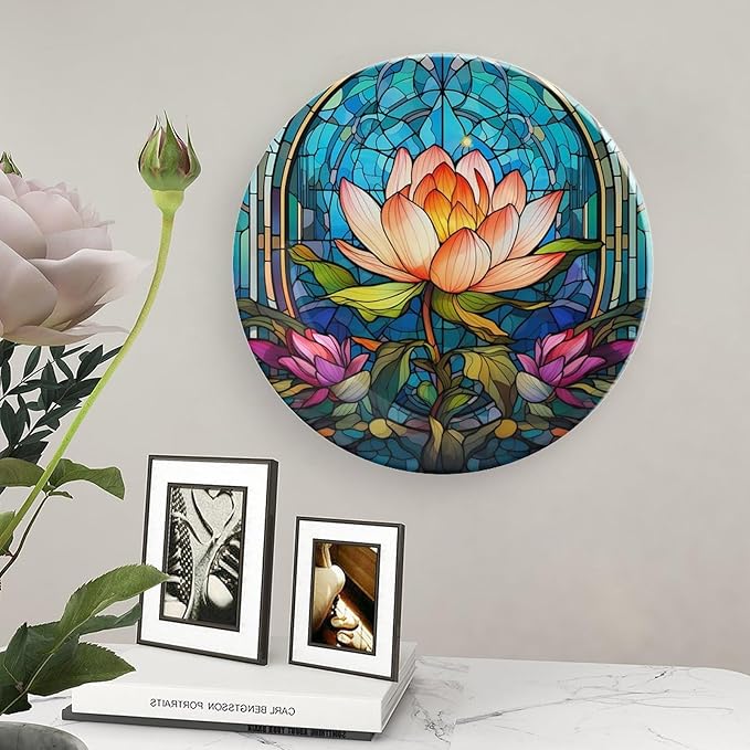 Water Lily Blue Stained Glass Print Decorative Plates Home Decor Ceramic Plates, Dinner Plates Display for Living Room, Kitchen, Hallway Console Side Table, Presents for Lotus Lover, 8 Inch