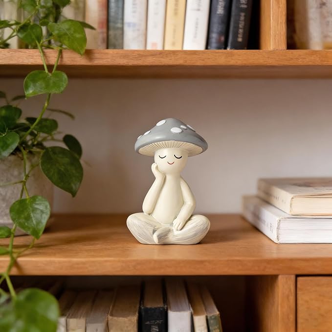 Meditation Mushroom Resin Statue - Cute Meditation Mushroom Statue for Desk Living Room Resin Figurine for Home Patio Office Decoration Cute Plant Statues for Tabletop Garden Backyard Decor