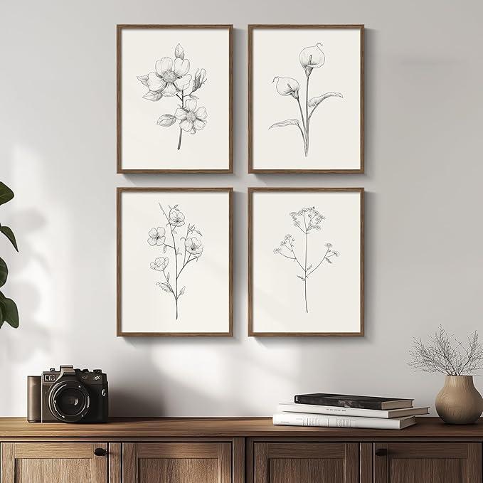 Vintage Floral Wall Art with Walnut Framed, 4 Piece Farmhouse Black and White Botanical Canvas Prints Painting, Rustic Minimalist Flower Pictures for Bedroom Kitchen Bathroom Living Room Home Decor