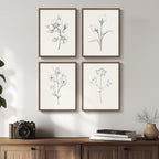 Vintage Floral Wall Art with Walnut Framed, 4 Piece Farmhouse Black and White Botanical Canvas Prints Painting, Rustic Minimalist Flower Pictures for Bedroom Kitchen Bathroom Living Room Home Decor