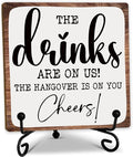 5" Funny Bar Sign With Metal Stand - The Drinks Are On Us - Rustic Bar Decoration Restroom Wood Plaque, Gift For Women & Men, Home & Office Desk Decor & Accessories - C02