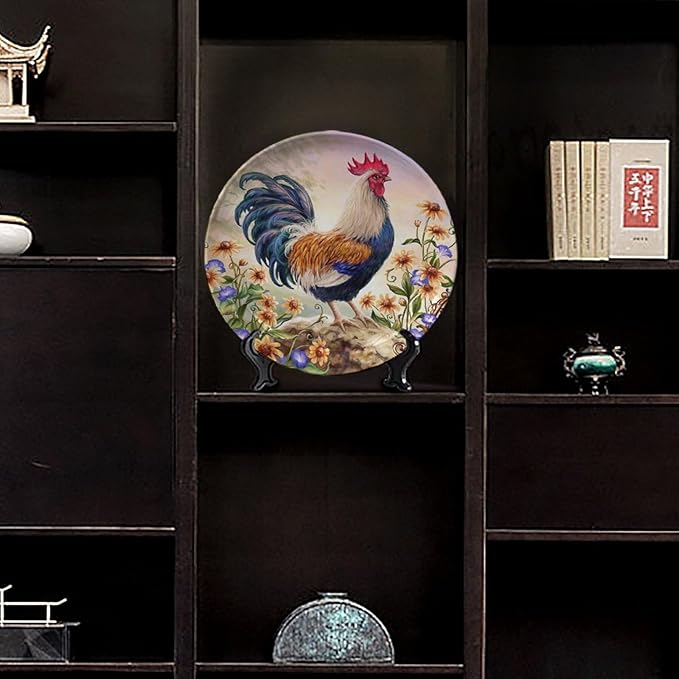 Rooster Decorative Ceramic Plates, 10inch, Rooster on Stone Round Display Plate, Decorative Plates with Stand, for Home Kitchen Bedroom Decorative Ornaments