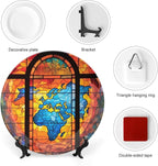 Decorative Plates, Old Globe Map Stained Glass Print Display Plate for Home Office Kitchen Table Decor Porcelain Plates 10 Inch, Gifts for Adventure Lover Wanderlust