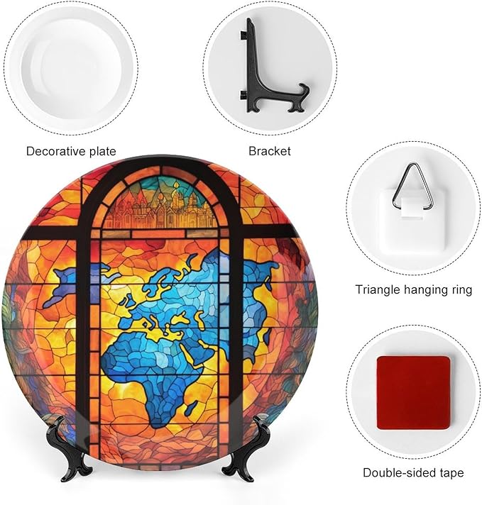 Decorative Plates for Wall Hanging, Old Globe Map Stained Glass Print Ceramic Plate w/Display Stand, Home Decor for Kitchen Cabinets, Round Tray 6 Inch, Gift for Adventure Lover Wanderlust