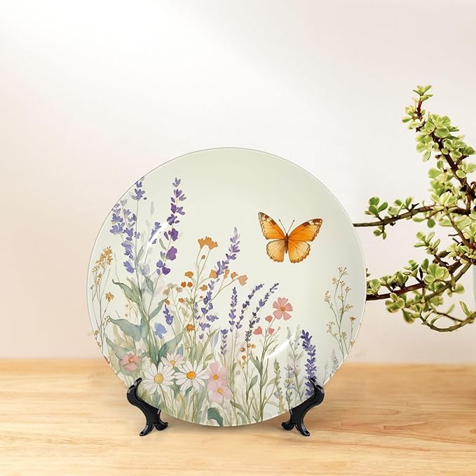 Butterfly Pattern Decorative Ceramic Plate Round Porcelain Plate 10 inch,Flower Watercolor Theme,for Bedroom Living Room Bathroom Party Kitchen Home Wall Hanging Decor,Orange Purple