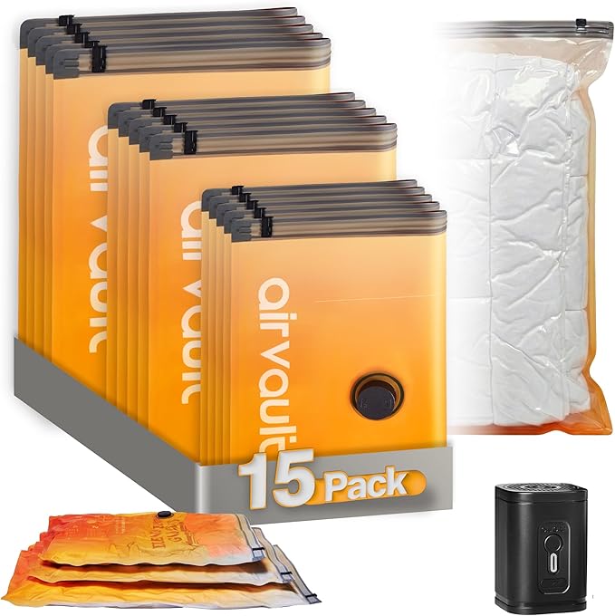 AirVault Vacuum Storage Bags for Travel & Home - Space Saver Compression Packing Bags Set for Clothes, Blankets & Seasonal Storage, Small (5), Medium (5), Large (5) (Orange,15-Pack Combo)