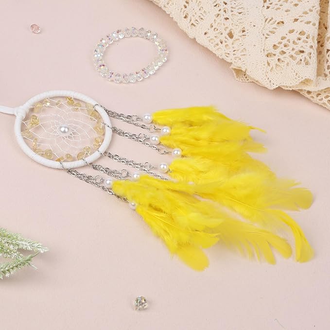 Pretty Jolly Crystal Stone Small Dream Catchers Yellow Feathers Mini Dreamcatchers with Beads for Cars Rear View Mirror Hanging Decoration Good Luck Travel Charm Bedroom Ornaments for Women Girls