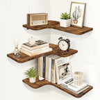 Homode Corner Floating Shelves, Corner Shelves Wall Mounted with Cord Hole, Set of 3 L Shape Wood Wall Storage Shelves for Living Room Bedroom Bathroom Kitchen, Rustic Brown