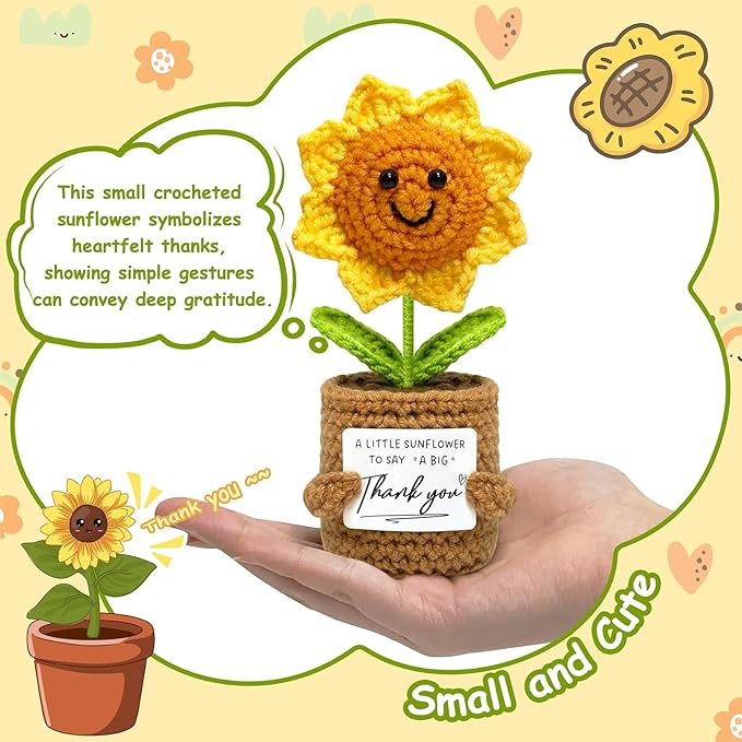 Thank You Gifts for Women Men - Crochet Sunflower Teacher Appreciation Gift for Her Him, Funny for Mom, Teacher, Sister, Emotional Support Small Cute Stuff Things, Collectible Doll