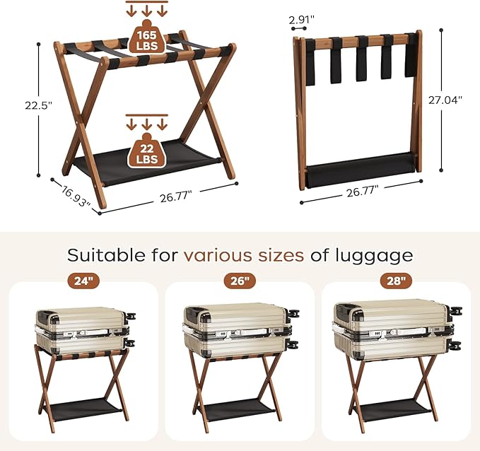 Fully Assembled Luggage Rack, Walnut Luggage Rack for Guest Room, Bamboo Folding Suitcase Stand with Storage Shelf, 5 Nylon Straps, Luggage Holder for Bedroom Hotel, 26.77"W x 16.93"D x 22.5"H, 1 Pack