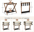 Fully Assembled Luggage Rack, Walnut Luggage Rack for Guest Room, Bamboo Folding Suitcase Stand with Storage Shelf, 5 Nylon Straps, Luggage Holder for Bedroom Hotel, 26.77"W x 16.93"D x 22.5"H, 1 Pack