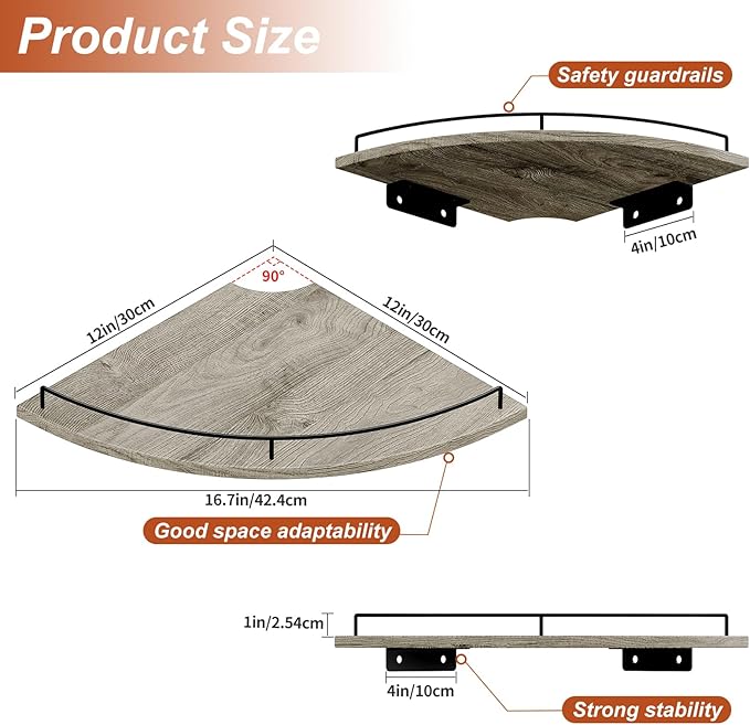 JJL Corner Shelf Wall Mounted, 12 Inches 3-Tier Floating Corner Shelf, Fan-Shaped Rustic Wood Decor with Fence, Gray Wood Grain Floating Shelves for Apartment Bedroom Kitchen Bathroom
