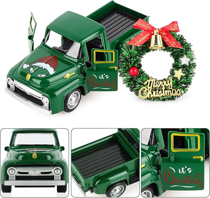 Christmas Vintage Green Truck Decor with Car Wreath Green Truck Vintage Home Tiered Tray Decor for Christmas Tables Home Kitchen Mantel Shelf Bookshelf Coffee Mini Trucks Decorations
