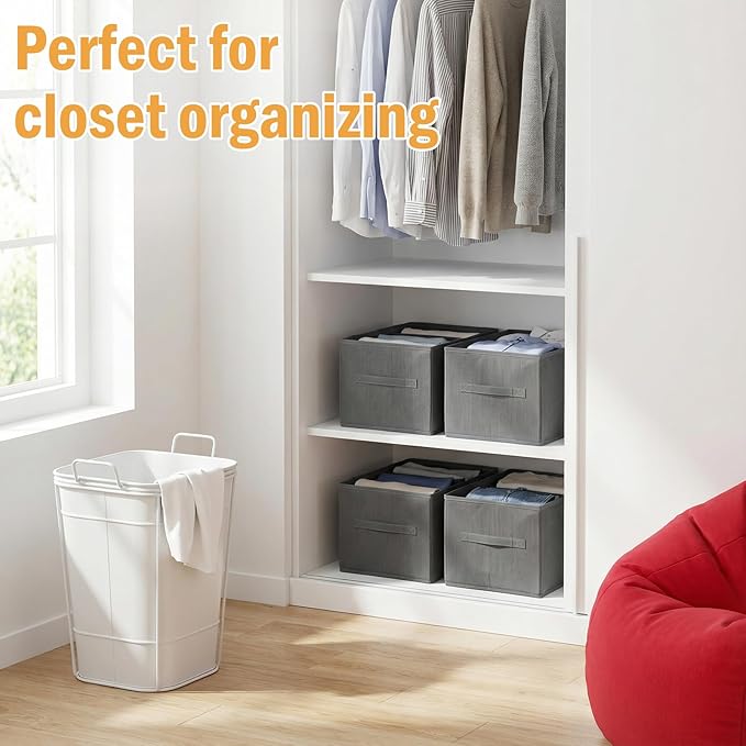6 Pack Foldable Wardrobe Clothes Organizer with Handle 7 Grids Stackable Closet Drawer Organizer for Jeans, Pants, Sweaters, T-Shirts, Leggings, Grey