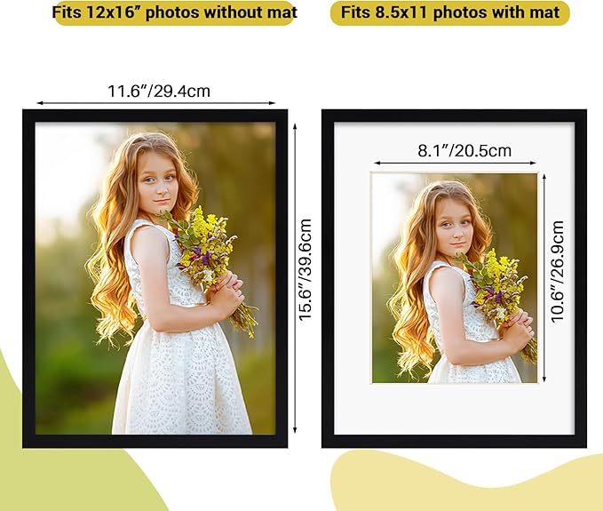 Rempry 12x16 Picture Frame, Display 8.5x11 Certificate Document Award with Mat or 12x16 Without Mat, Wall Hanging or Tabletop Photo Frame, Black, 1 Pack