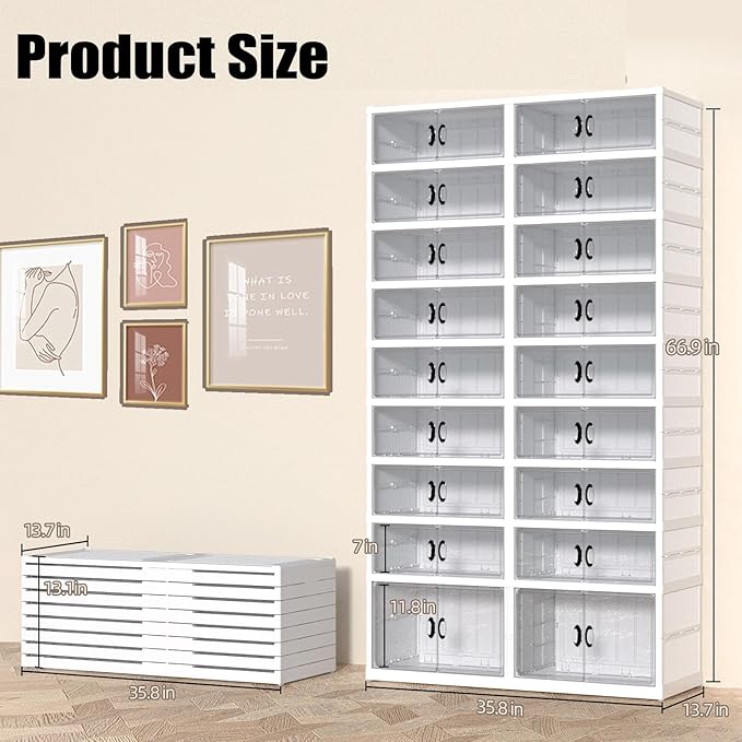 GCCSJ 9-Tier Foldable Shoe Rack Organizer, Plastic Collapsible Shoe Shelf, Folding Shoe Box Storage Cabinet with Magnetic Clear Door Easy Assembly (White, 9 Tiers 36 Pairs)