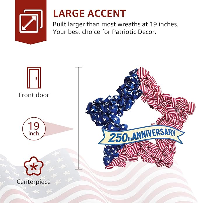 4th of July Wreath Patriotic Decorations for Front Door - 19 inch Memorial Day 250th Anniversary USA Fourth of July Burlap Star Wreath, Red White and Blue Hanging for Independence Day 2026 Decor