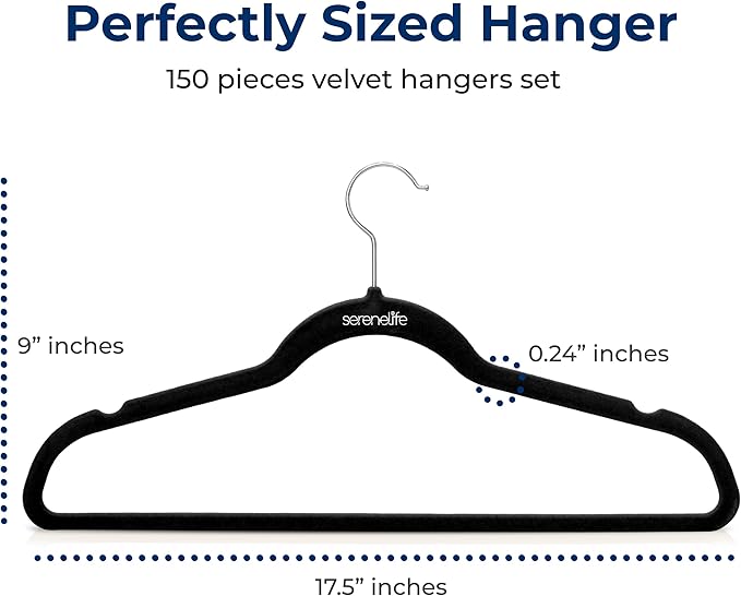 SereneLife Non-Slip Velvet Hangers, Mega Pack, 150 Pieces Hangers for Clothes, Heavy Duty Cloth Hanger Set with 360 Degree Swivel Hook, Black