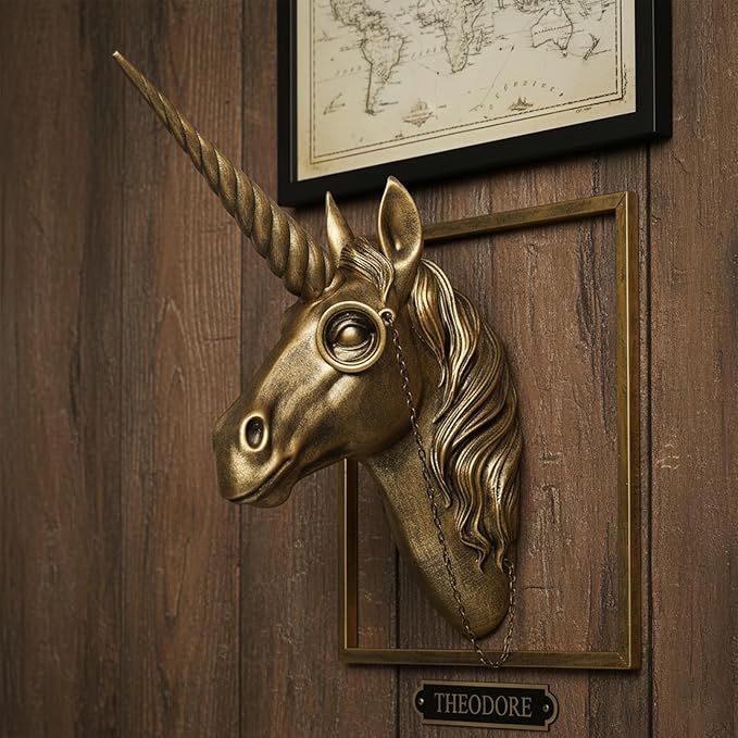 JJALIGHTS Exquisite Resin Animal Head Wall Sculpture (Gift Metal Frame) - Imitation Copper Vintage Decor for Living Room, Bedroom & Office | Decorative Wall Hanging Art (Unicorn)