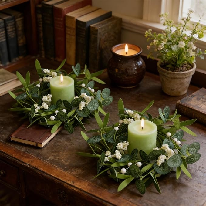 6 Pcs Green Artificial Eucalyptus Swag Wreaths Spring Summer Candle Rings Wreath with White Berries Mini Green Kitchen Cabinet Wreaths with Ribbon for Front Door Porch Wall Window Farmhouse Decoration