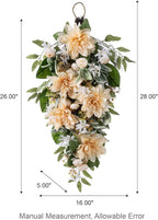 Glitzhome Peach Dahlia Floral Teardrop Swag 28" Artificial Spring Teardrop Swag Wreath for Front Door Porch Wall Window Decor