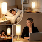 MOICO Bedside Table Lamp for Bedroom, 3-Way Dimmable Nightstand Lamp with USB C, USB A Ports & AC Outlet, Small Table Lamp Fabric Shade for Living Room Dorm Office, LED Bulb Included (14in Gold)