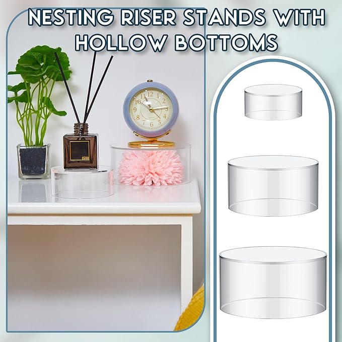 Jerify 6 Pcs Acrylic Risers Display Stands, 5.91'' 5.12'' 3.54'', Clear Round Nesting Pedestal Shelf with Hollow Bottom for Tabletop Jewelry Display, 3 Sized