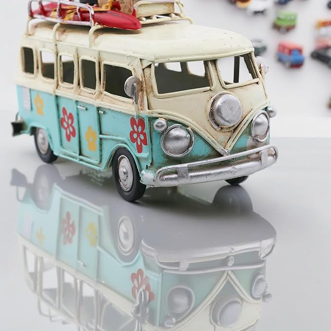 Vintage Mini Camper Van Decor, Tropical Flower Decals, Coastal Beach Style Ornament for Shelf Table Home Decoration, Light Blue