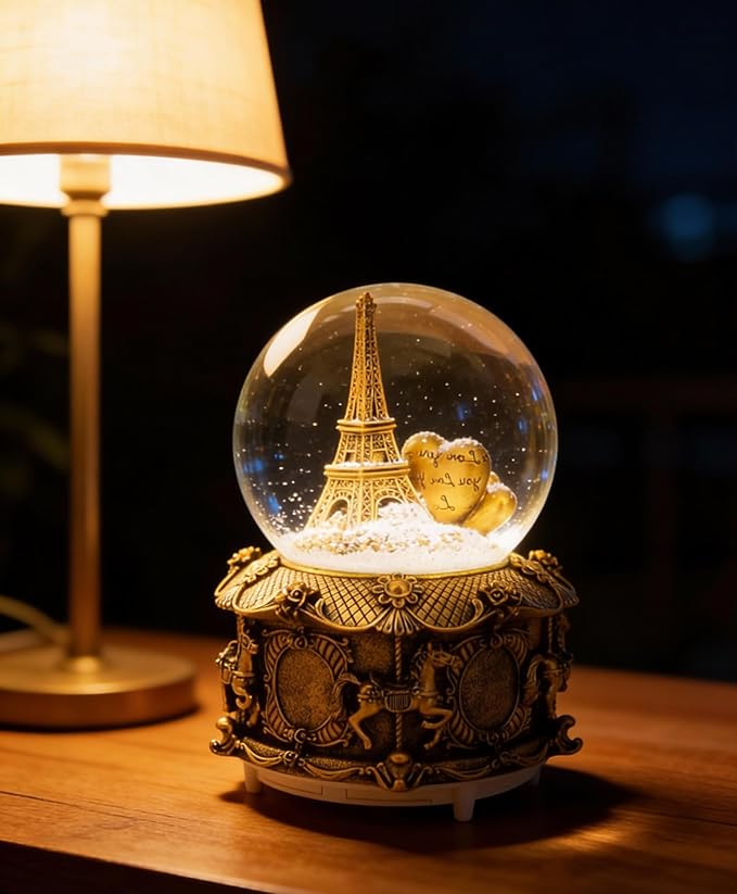 LED Music Snow Globe Vintage Eiffel Tower Buildings Embedded Carousel Retro Home Decoration for Book Shelf Cabinet Floating Board Office Desk Table Top Decor Centerpieces Ornament (Gold)