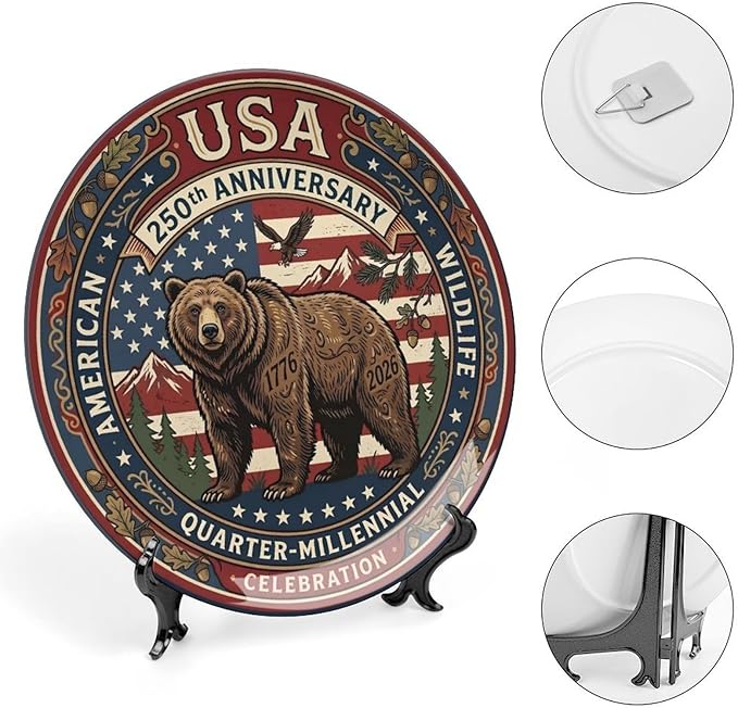 250th Anniversary Decorative Plates 8 Inch Vintage Wildlife Patriotic Decorations Commemorative Plates with Stand Memorial Day 4th of July Veterans Day Home & Office