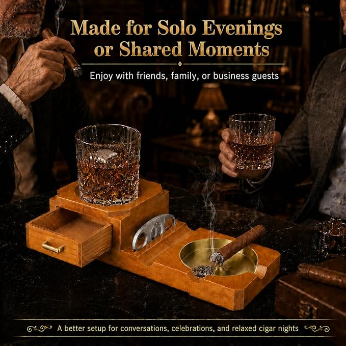 Cigar Ashtray Gift Set with Cigar Cutter, Whiskey Glass Tray and Wooden Ash Tray Outdoor Ashtray for Cigarettes, Great Decor for Home Office cigar Gifts for Men