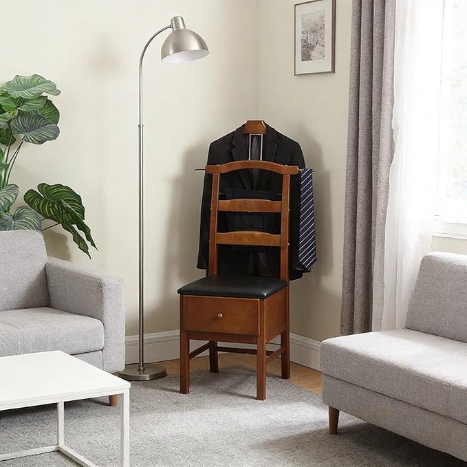 Chair Valet With Drawer,Wooden Suit Valet Stand With Contour Hanger,Trouser Bar & Tie Bar - Freestanding Clothing Organizer For Men & Women,Ideal For Office & Hotel