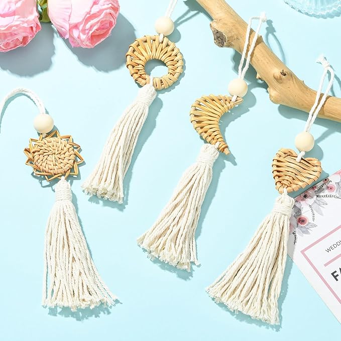LiQunSweet Handmade Rattan Weave Cotton Rope Tassel, 4Pcs, 25x4.5cm, for Bag Charms, Keychains, Home Decor & Craft Projects