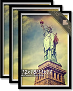 100% Solid Wood 12x18 Picture Frame Set of 3, Black Frame Display Photo 11x17 with Mat or 12 x 18 without Mat, 12by18 HQ Matte Black Frame for Wall - 3 Pack/Black/12 x18