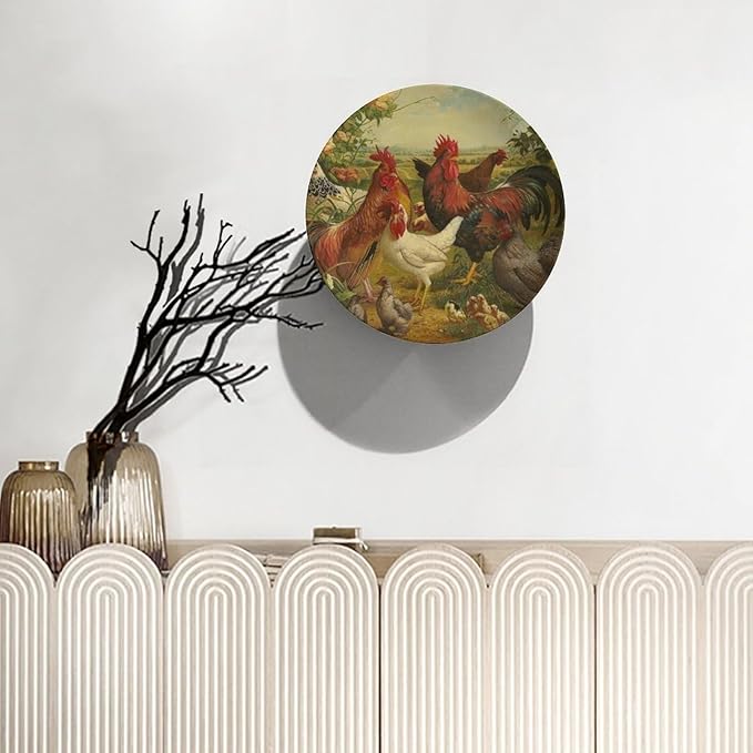 Rooster Decorative Plate Holder, 6 Inch, Rooster Hen Chick White Chicken Gathering Round Display Plate, Hanging Decorative Plate with Display Stand, for Home Kitchen Bedroom Decorative Ornaments