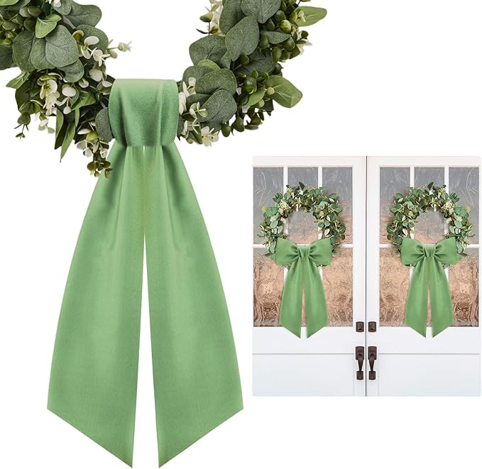 2 Pcs Sage Green Wreath Sash for Front Door Linen Wreath Ribbon Bow for Yard Porch Garland Home Decor