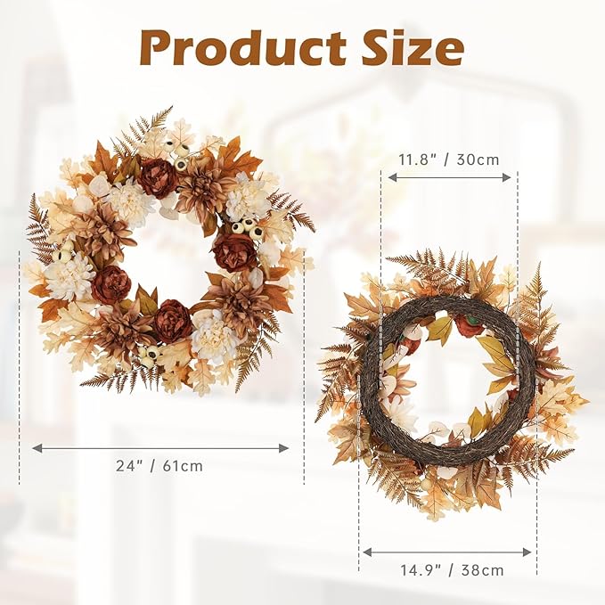 24 Inch Fall Brown Wreaths for Front Door Outside Autumn Wreath with Artificial Dahlia, Chrysanthemum, Rose, Berries & Leaves – Fall Door Wreath for Outdoor Indoor Thanksgiving Decor Terracotta
