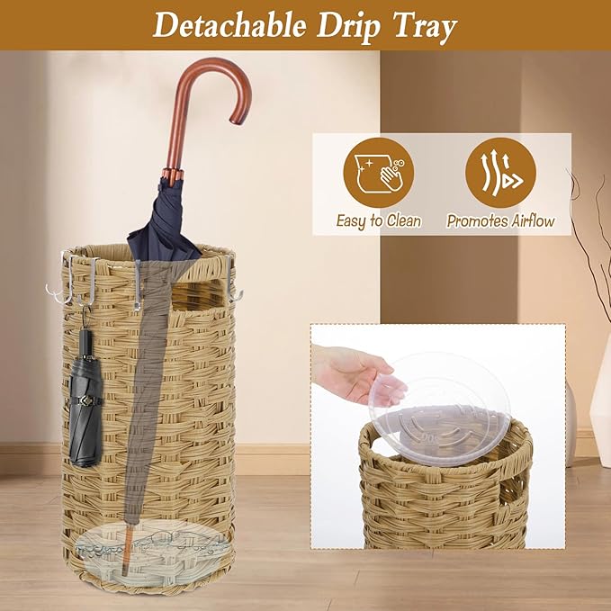 Rattan Umbrella Stand for Entryway, Hand Woven Umbrella Holder Organizer with Detachable Drip Tray and 5 Stainless Steel Hooks, Freestanding Umbrella Rack for Home & Office, 8.6" L x 8.6" W x 17" H