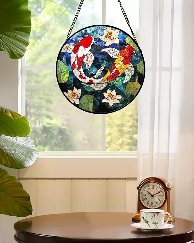 Stained Glass Window Hanging, Koi and Lotus Sun Catcher for Door Home Decor Fish Suncatcher Christmas Mother's Day Birthday Gifts for Women Men Mom and Nana 6.3 in