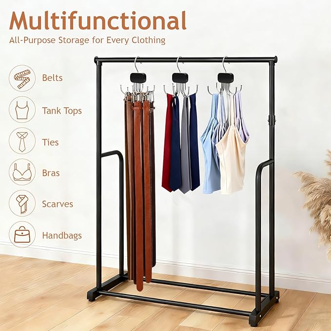 3 Pack Belt Hanger for Closet Organizer, 2026 Upgraded Tie Hangers for Space Saving & Storage, 360° Rotatable & Foldable Hooks, Large Capacity Rack for Tank Top, Bra, Purse (Black)