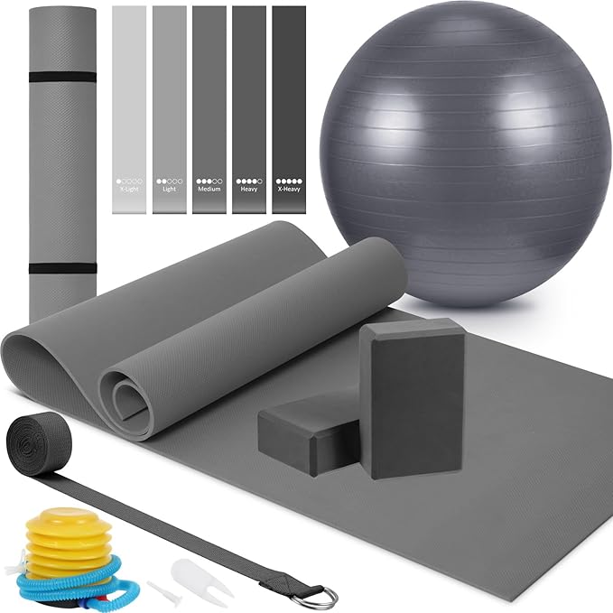 Liliful 10 Pcs Yoga Starter Kit Include 6mm Yoga Mat with Carry Strap, 2 Blocks, 65cm Pilates Ball, Stretch Strap, 5 Resistance Bands with Air Pump Home Workout Set for Beginners Women Men Gym