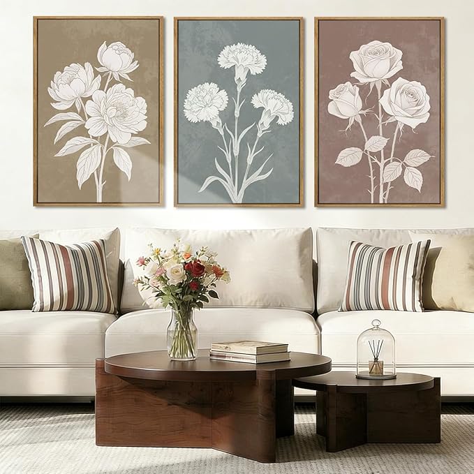 BINCUE Extra Large Neutral Botanical Wall Art Floral Painting Flower Print Flower Artwork Floral Wall Decor Flowers Wall Pictures for Living Room Bedroom Bathroom Dining Room Farmhouse 24x36 Inches 3 Piece Gift