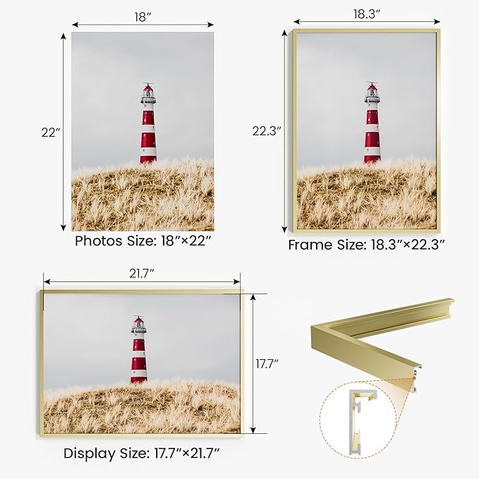 18x22 Aluminum Metal Picture Frame,Tempered Glass Gold Photo Frame 18x22 for Family Photo,Posters,Art,Document to Wall Mount Horizontally or Vertically